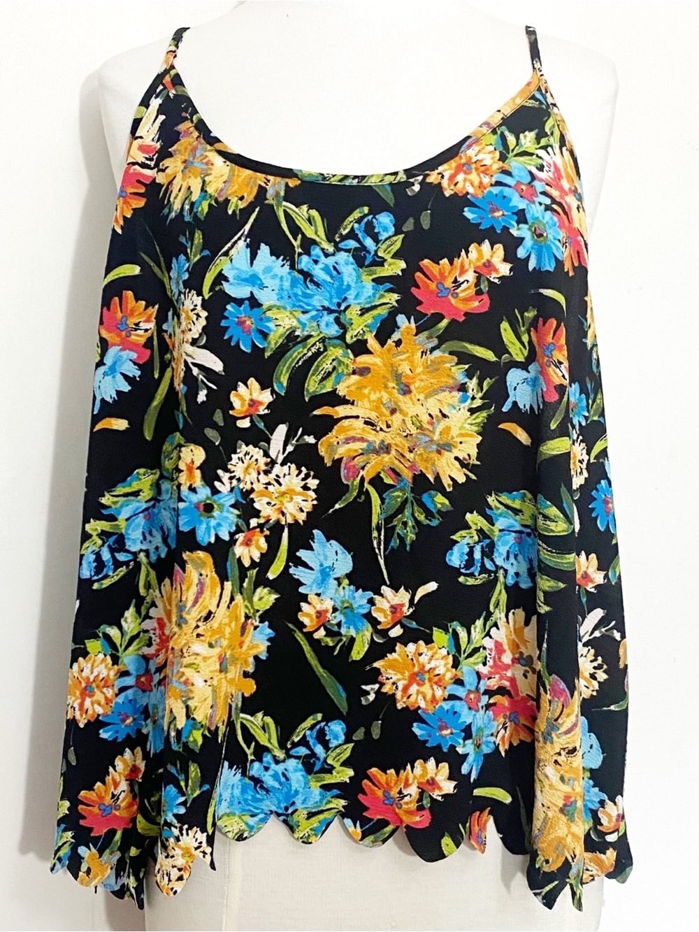 Ophelia Roe Black Colorful Floral Scalloped Hem Racer Back Cami Top 3X